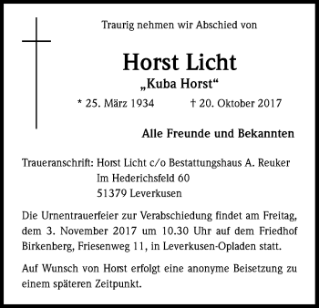 Anzeige von Horst Licht von Kölner Stadt-Anzeiger / Kölnische Rundschau / Express