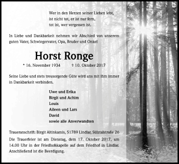 Anzeige von Horst Ronge von Kölner Stadt-Anzeiger / Kölnische Rundschau / Express