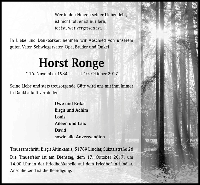  Traueranzeige für Horst Ronge vom 13.10.2017 aus Kölner Stadt-Anzeiger / Kölnische Rundschau / Express