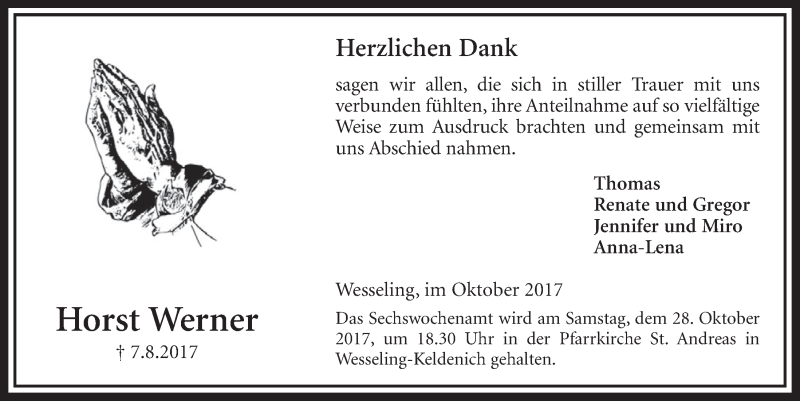  Traueranzeige für Horst Werner vom 25.10.2017 aus  Schlossbote/Werbekurier 