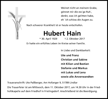Anzeige von Hubert Hain von Kölner Stadt-Anzeiger / Kölnische Rundschau / Express