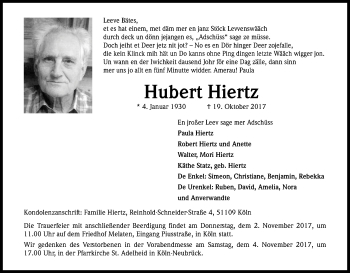 Anzeige von Hubert Hiertz von Kölner Stadt-Anzeiger / Kölnische Rundschau / Express