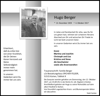 Anzeige von Hugo Berger von Kölner Stadt-Anzeiger / Kölnische Rundschau / Express