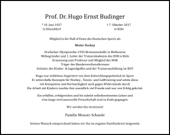 Anzeige von Hugo Ernst Budinger von Kölner Stadt-Anzeiger / Kölnische Rundschau / Express