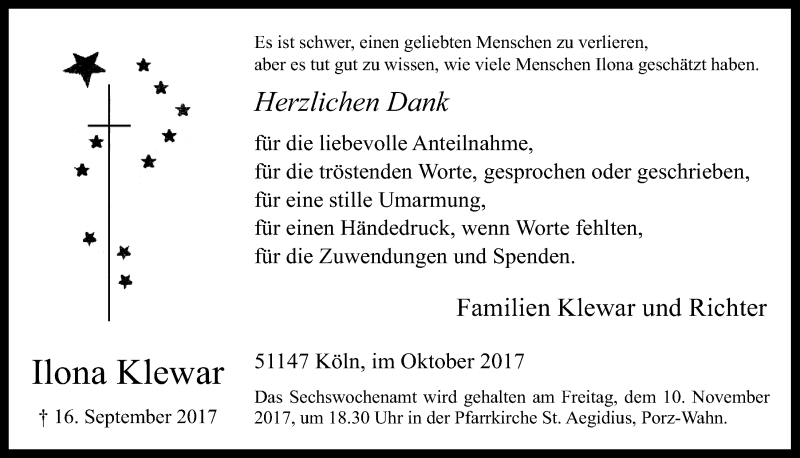  Traueranzeige für Ilona Klewar vom 11.10.2017 aus  Kölner Wochenspiegel 