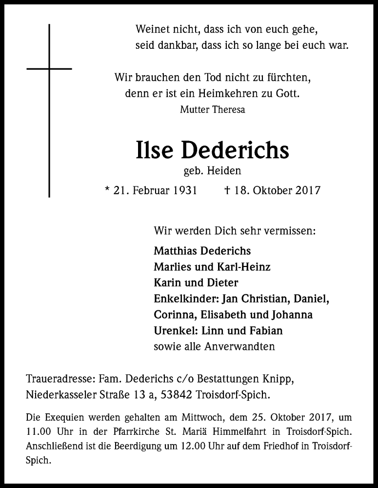  Traueranzeige für Ilse Dederichs vom 21.10.2017 aus Kölner Stadt-Anzeiger / Kölnische Rundschau / Express