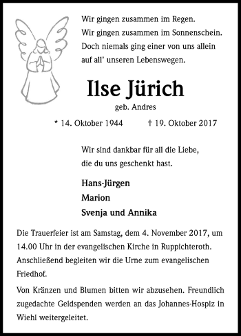 Anzeige von Ilse Jürich von Kölner Stadt-Anzeiger / Kölnische Rundschau / Express