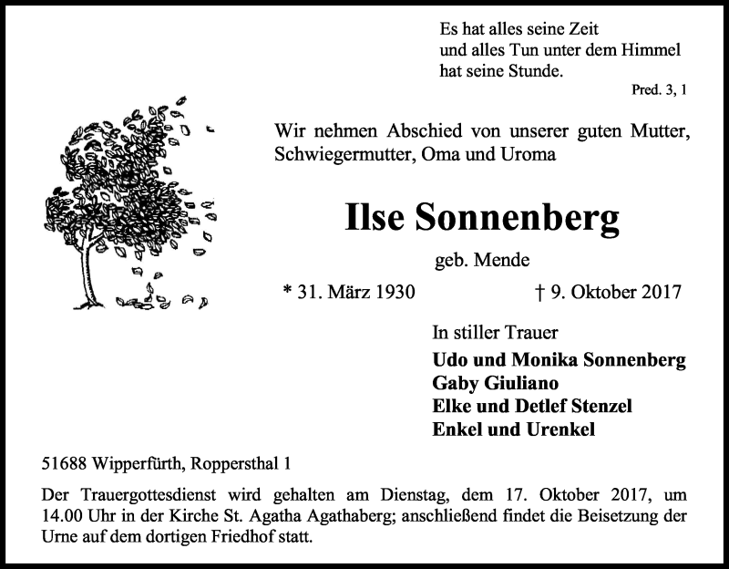  Traueranzeige für Ilse Sonnenberg vom 12.10.2017 aus Kölner Stadt-Anzeiger / Kölnische Rundschau / Express