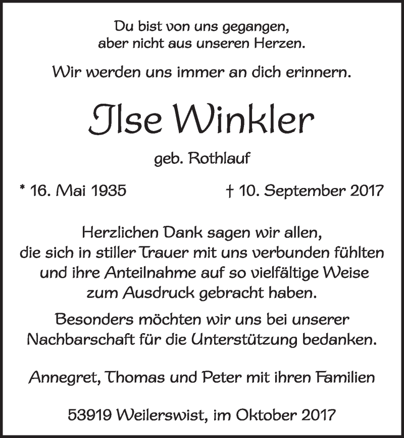  Traueranzeige für Ilse Winkler vom 14.10.2017 aus  Blickpunkt Euskirchen 