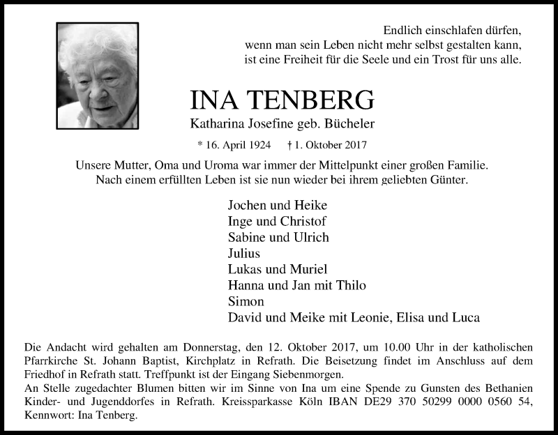  Traueranzeige für Ina Tenberg vom 07.10.2017 aus Kölner Stadt-Anzeiger / Kölnische Rundschau / Express