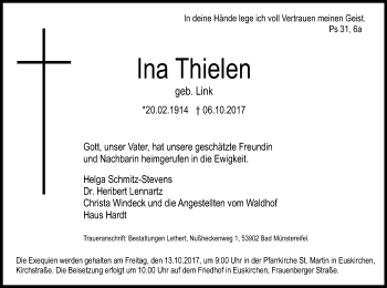 Anzeige von Ina Thielen von Kölner Stadt-Anzeiger / Kölnische Rundschau / Express
