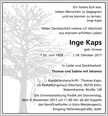 Anzeige von Inge Kaps von Kölner Stadt-Anzeiger / Kölnische Rundschau / Express