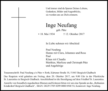 Anzeige von Inge Neufang von Kölner Stadt-Anzeiger / Kölnische Rundschau / Express