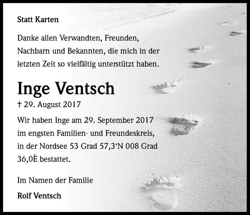  Traueranzeige für Inge Ventsch vom 07.10.2017 aus Kölner Stadt-Anzeiger / Kölnische Rundschau / Express