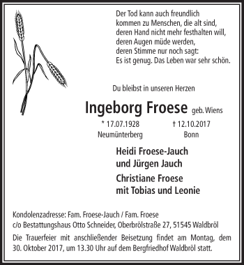 Anzeige von Ingeborg Froese von  Lokalanzeiger 