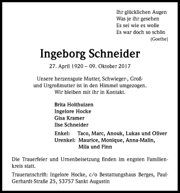 Anzeige von Ingeborg Schneider von Kölner Stadt-Anzeiger / Kölnische Rundschau / Express