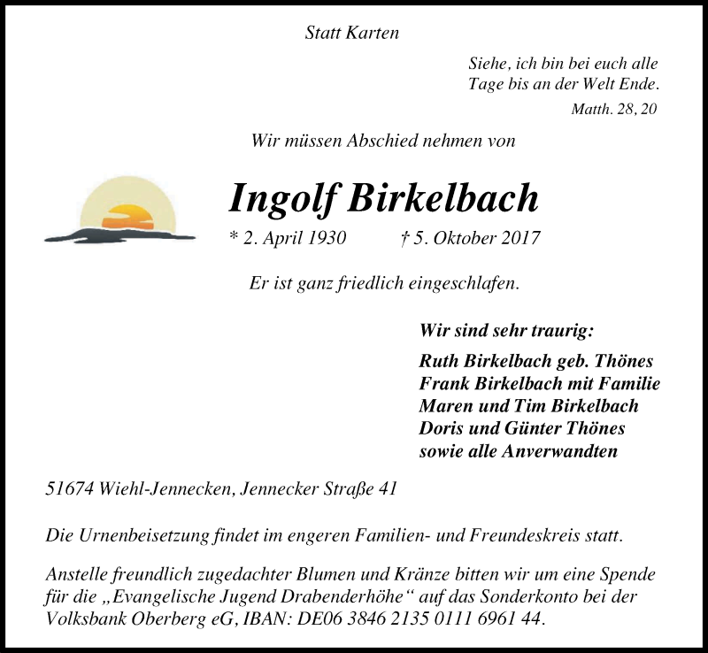  Traueranzeige für Ingolf Birkelbach vom 10.10.2017 aus Kölner Stadt-Anzeiger / Kölnische Rundschau / Express