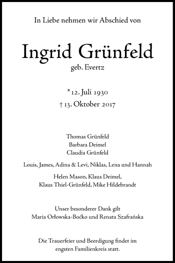 Anzeige von Ingrid Grünfeld von Kölner Stadt-Anzeiger / Kölnische Rundschau / Express
