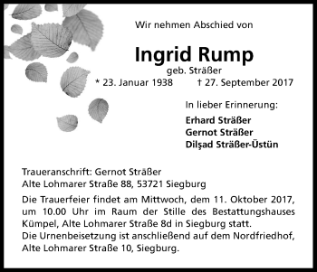 Anzeige von Ingrid Rump von Kölner Stadt-Anzeiger / Kölnische Rundschau / Express
