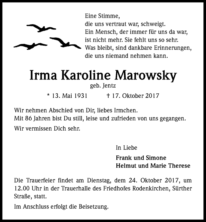  Traueranzeige für Irma Karoline Marowsky vom 21.10.2017 aus Kölner Stadt-Anzeiger / Kölnische Rundschau / Express
