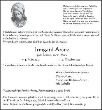 Anzeige von Irmgard Arenz von  Schaufenster/Blickpunkt  Schlossbote/Werbekurier 