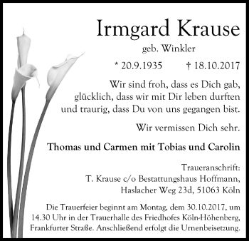 Anzeige von Irmgard Krause von Kölner Stadt-Anzeiger / Kölnische Rundschau / Express