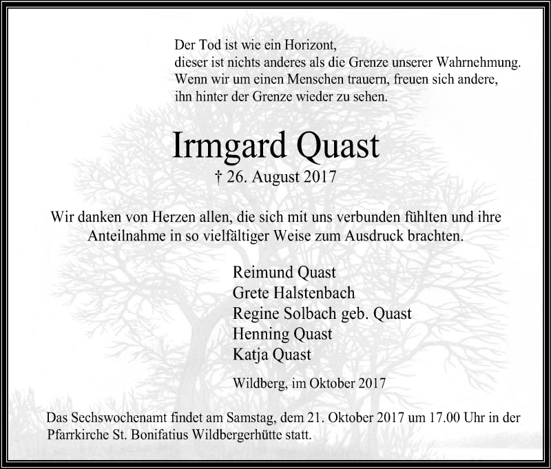  Traueranzeige für Irmgard Quast vom 14.10.2017 aus Kölner Stadt-Anzeiger / Kölnische Rundschau / Express