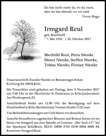 Anzeige von Irmgard Reul von Kölner Stadt-Anzeiger / Kölnische Rundschau / Express
