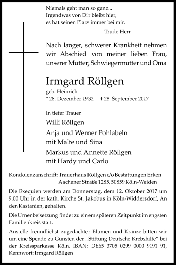 Anzeige von Irmgard Röllgen von Kölner Stadt-Anzeiger / Kölnische Rundschau / Express
