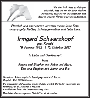 Anzeige von Irmgard Schwarzkopf von  Sonntags-Post 