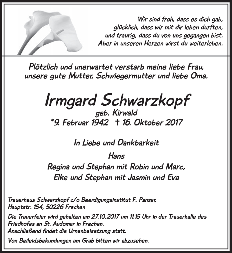 Traueranzeige für Irmgard Schwarzkopf vom 21.10.2017 aus  Sonntags-Post 