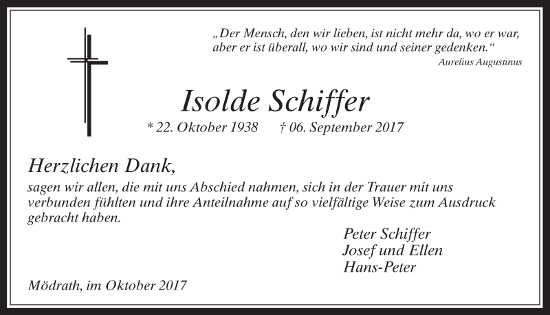  Traueranzeige für Isolde Schiffer vom 11.10.2017 aus  Werbepost 