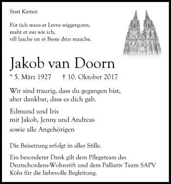 Anzeige von Jakob van Doorn von Kölner Stadt-Anzeiger / Kölnische Rundschau / Express