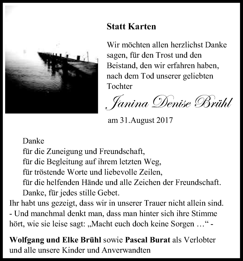  Traueranzeige für Janina Denise Brühl vom 13.10.2017 aus Kölner Stadt-Anzeiger / Kölnische Rundschau / Express