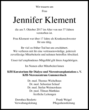 Anzeige von Jennifer Klement von Kölner Stadt-Anzeiger / Kölnische Rundschau / Express