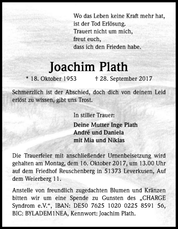 Anzeige von Joachim Plath von Kölner Stadt-Anzeiger / Kölnische Rundschau / Express