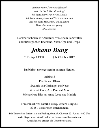 Anzeige von Johann Bung von Kölner Stadt-Anzeiger / Kölnische Rundschau / Express