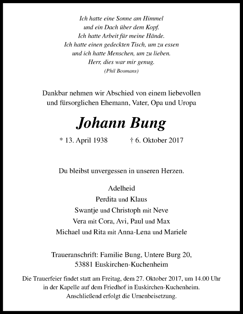  Traueranzeige für Johann Bung vom 21.10.2017 aus Kölner Stadt-Anzeiger / Kölnische Rundschau / Express