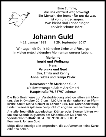Anzeige von Johann Guld von Kölner Stadt-Anzeiger / Kölnische Rundschau / Express