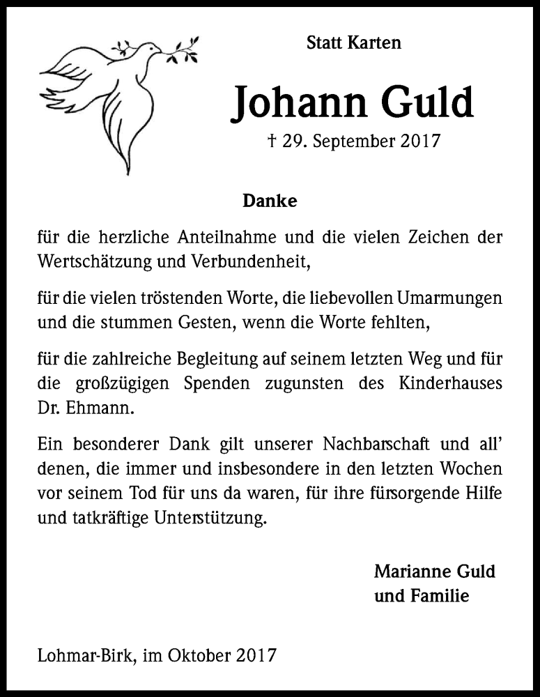  Traueranzeige für Johann Guld vom 28.10.2017 aus Kölner Stadt-Anzeiger / Kölnische Rundschau / Express