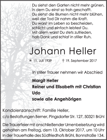 Anzeige von Johann Heller von  Schlossbote/Werbekurier 