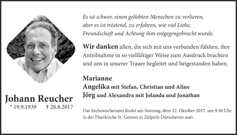  Traueranzeige für Johann Reucher vom 14.10.2017 aus  Blickpunkt Euskirchen 