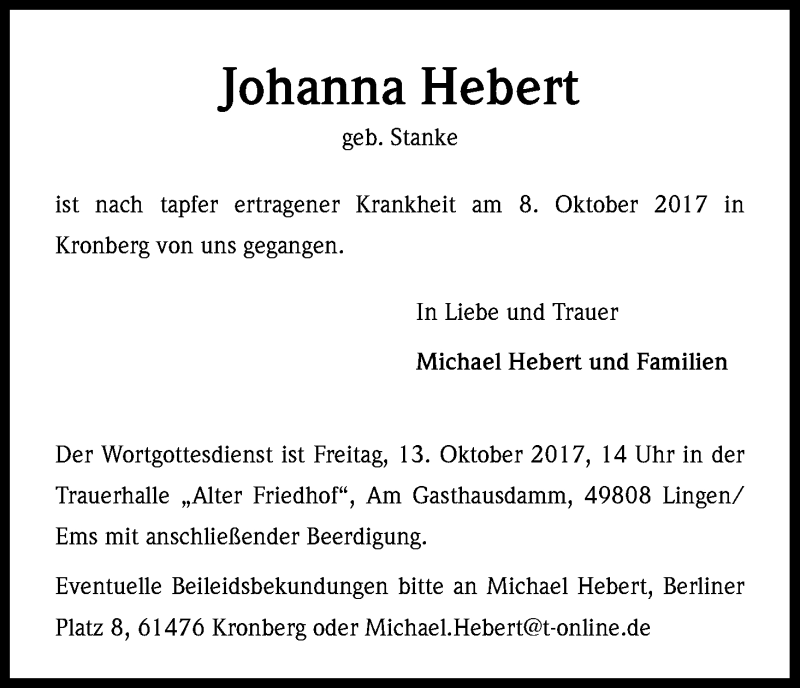  Traueranzeige für Johanna Hebert vom 12.10.2017 aus Kölner Stadt-Anzeiger / Kölnische Rundschau / Express