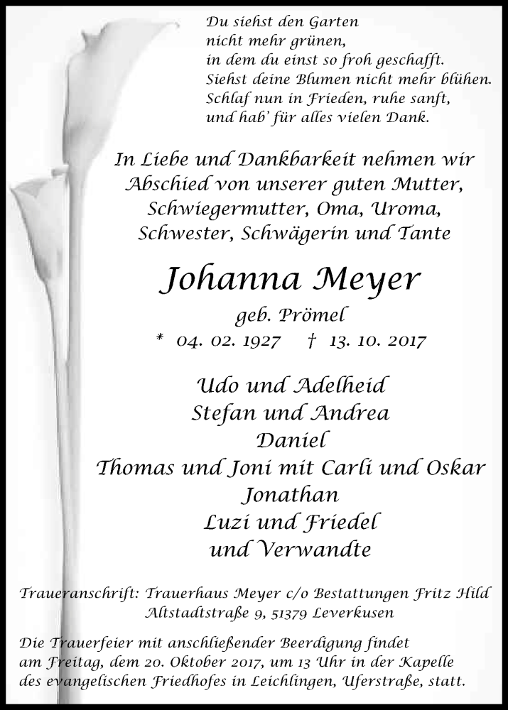  Traueranzeige für Johanna Meyer vom 17.10.2017 aus Kölner Stadt-Anzeiger / Kölnische Rundschau / Express