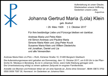 Anzeige von Johanna Gertrud Maria Klein von Kölner Stadt-Anzeiger / Kölnische Rundschau / Express
