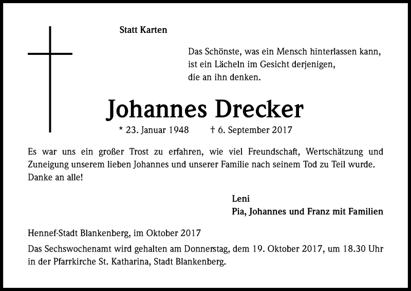  Traueranzeige für Johannes Drecker vom 07.10.2017 aus Kölner Stadt-Anzeiger / Kölnische Rundschau / Express