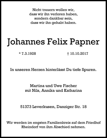 Anzeige von Johannes Felix Papner von Kölner Stadt-Anzeiger / Kölnische Rundschau / Express