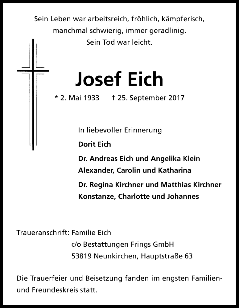  Traueranzeige für Josef Eich vom 07.10.2017 aus Kölner Stadt-Anzeiger / Kölnische Rundschau / Express