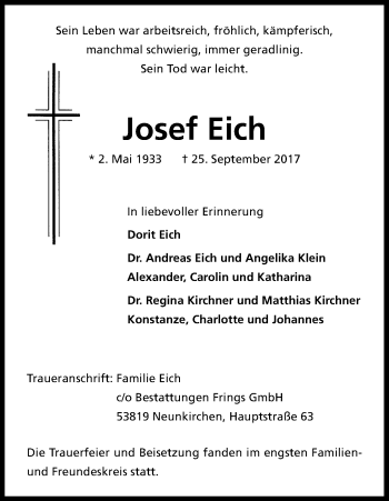 Anzeige von Josef Eich von Kölner Stadt-Anzeiger / Kölnische Rundschau / Express