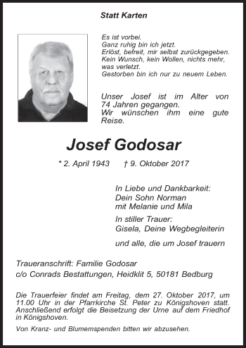 Anzeige von Josef Godosar von  Werbepost 